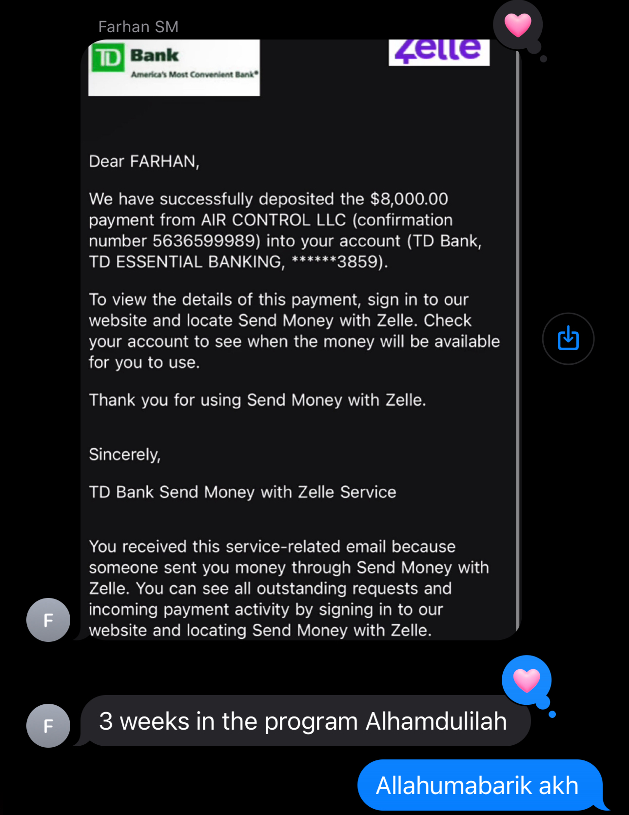 $8,000 payment 3 weeks in the program